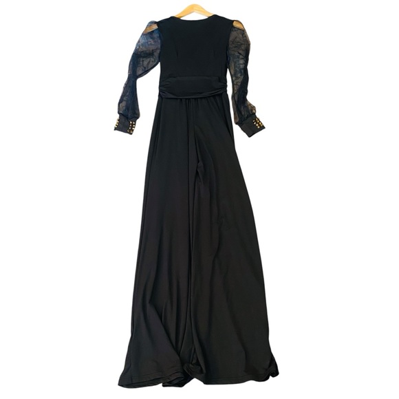 ⭐️ Black Long Sleeved Catsuit Jumpsuit With Sheer Sleeves and Studded Cuffs - Picture 3 of 8